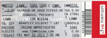 Set of 2 Used Tim McGraw Concert Tickets  - West Palm Beach, FL - 5/10/13