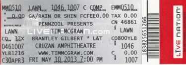 Set of 2 Used Tim McGraw Concert Tickets  - West Palm Beach, FL - 5/10/13 - Image 2