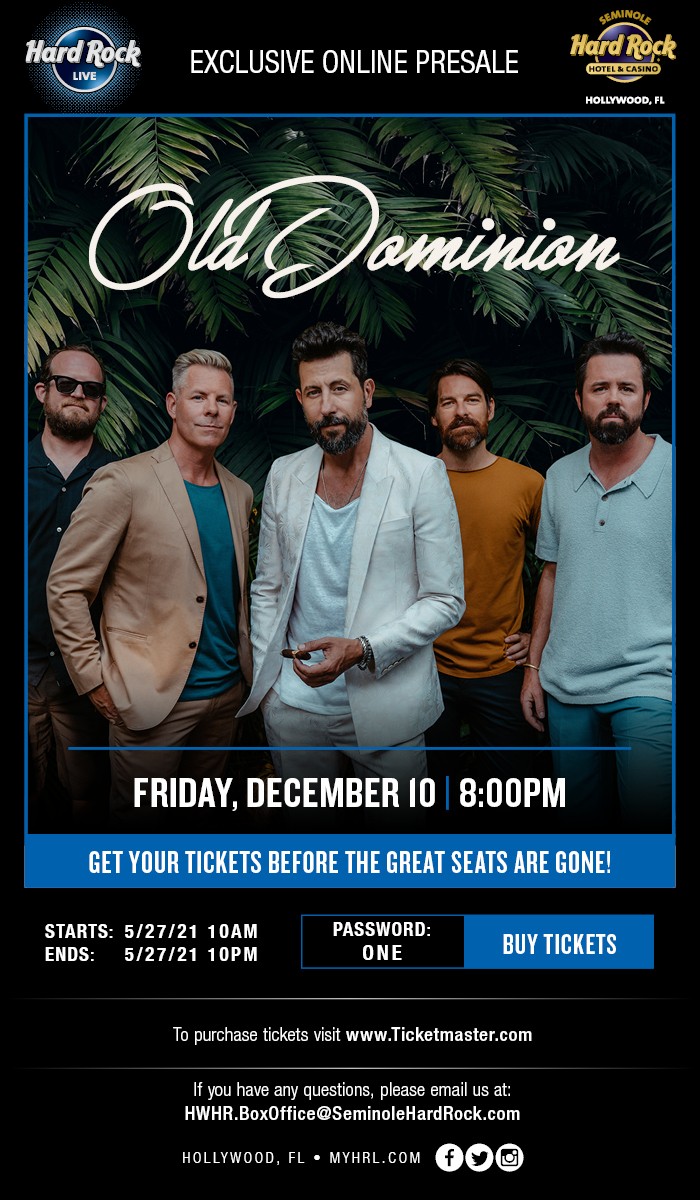 Presale Code for Old Dominion Concert in Hollywood South Florida