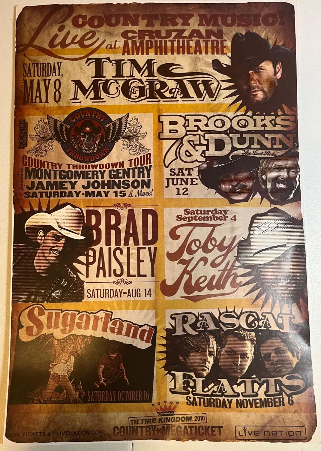 2010 Live Nations Tire Kingdom Country Megaticket Concert Poster South Florida Country Music