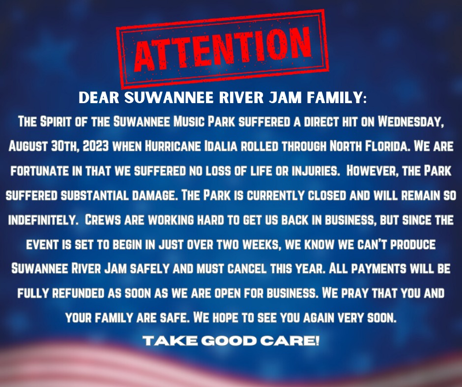 2023 Suwannee River Jam Cancelled Due to Hurricane Damage South