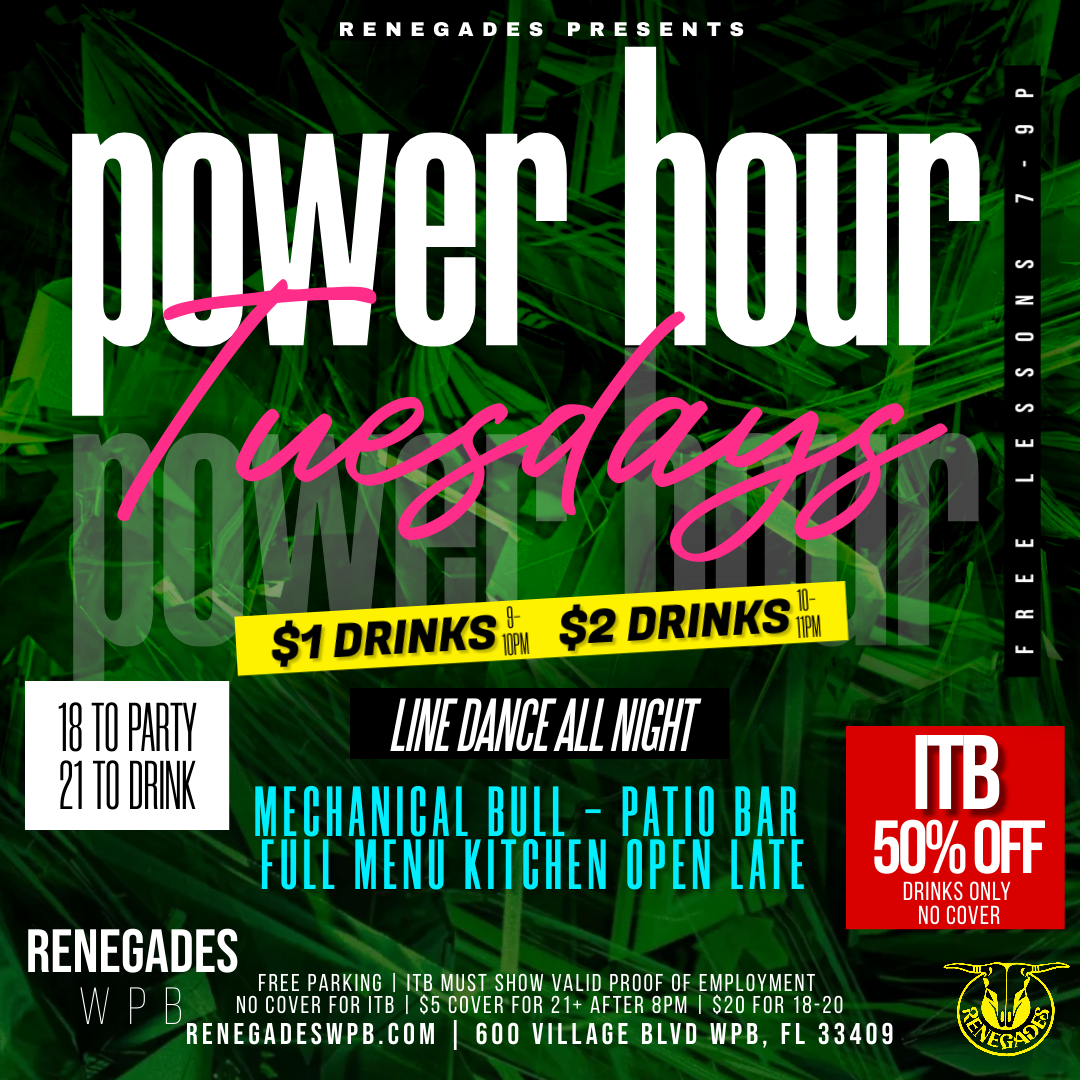 Toasted Tuesday:  ITB & Reverse Power Hour at Renegades - West Palm Beach