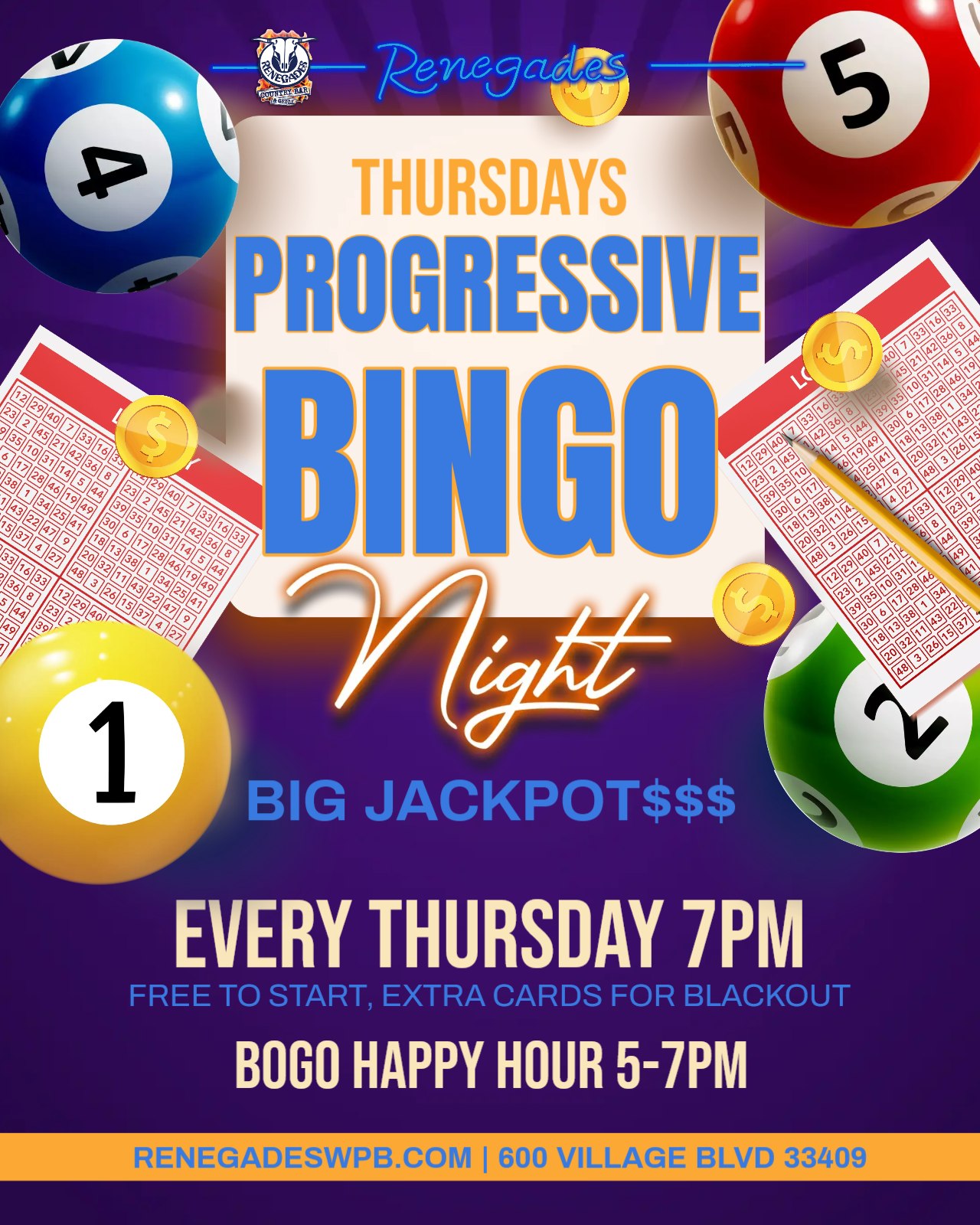 Progressive Bingo Night at Renegades - West Palm Beach
